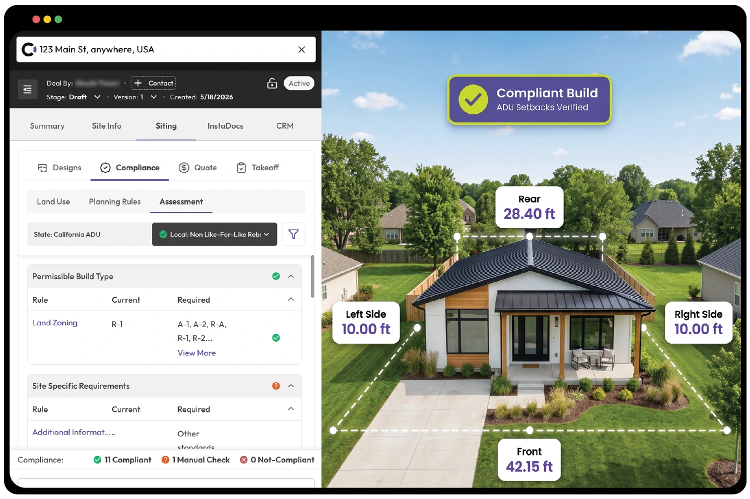 Canibuild ADU compliance dashboard showing setbacks, zoning rules, and site verification